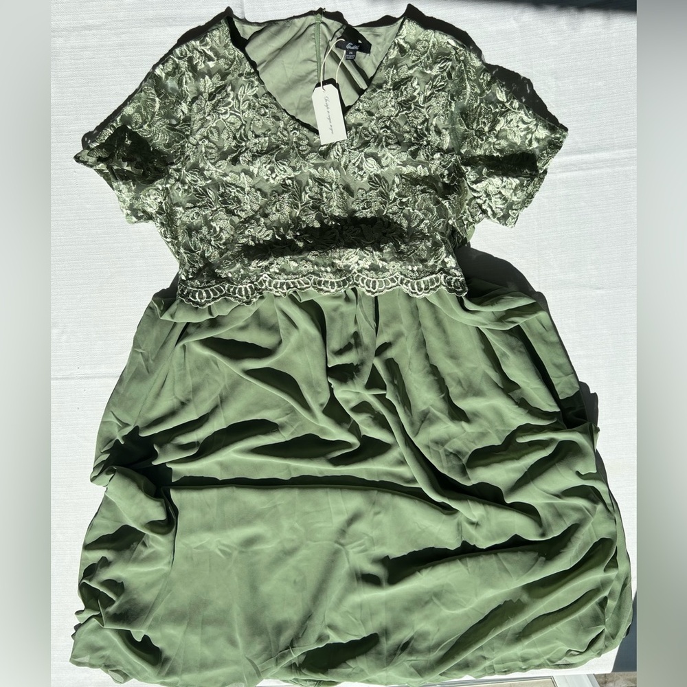 🆕Shall We Green Lace overlay short sleeve special occasion Dress plus xxl d10